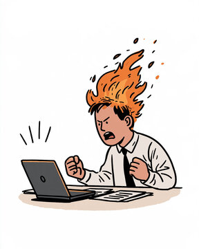 Furious Businessman With Burning Hair And Fist Raised At Laptop: An animated illustration depicts a stressed businessman at his desk.