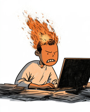 Frazzled Worker: A man with flames erupting from his head sits at a desk, intensely frustrated and angry, working on a computer surrounded by piles of papers.