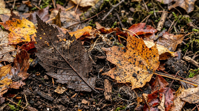 Autumn leaves decomposing on forest floor, natural decay, organic matter closeup