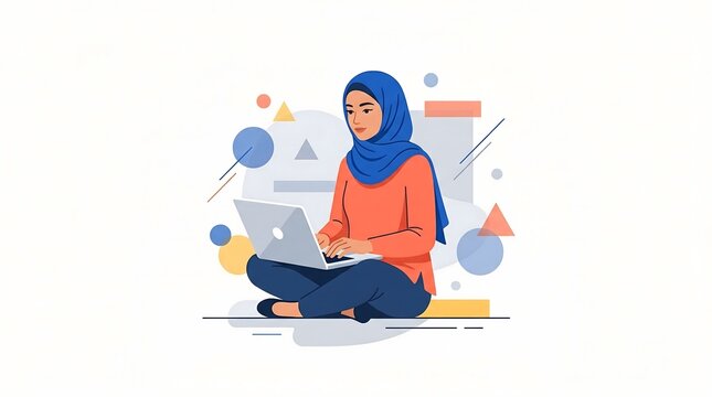 Young Muslim Woman Wearing Hijab Working on Laptop Computer