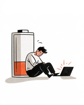 Burnout Overload: An illustration of a man slumped against a nearly depleted battery icon, his laptop displaying a low battery warning, symbolizing exhaustion and stress.