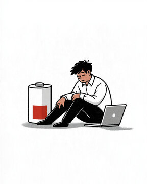 Exhausted Man Beside Low Battery Icon: An illustration depicting a man sitting dejectedly next to a large battery icon with a red low charge indicator and a laptop.