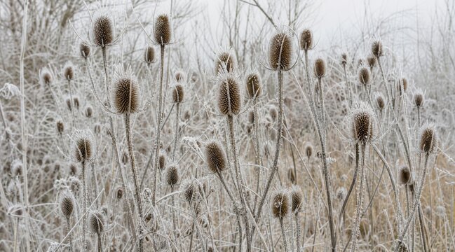 Dried teasel seed heads covered in hoarfrost