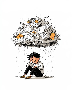 Overwhelmed by Paperwork: A young man sits dejectedly beneath a massive cloud of documents, rain symbolizing the overwhelming burden of administrative tasks and stress of work.