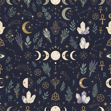 Celestial Witchcraft Seamless Pattern with Moons Stars and Crystals