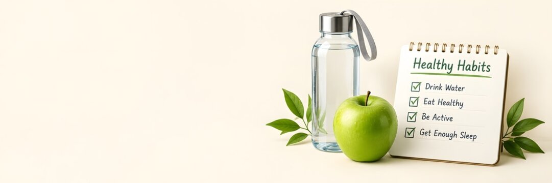 Healthy habits checklist notepad, reusable glass water bottle with green apple, wellness planner concept, healthy lifestyle banner with copy space