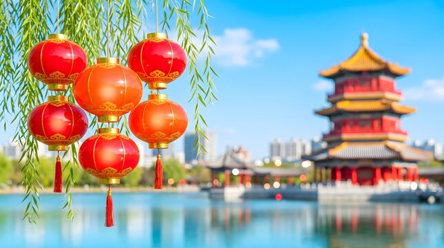 Chinese Lanterns Hanging by Willow Tree with Pagoda and Lake View