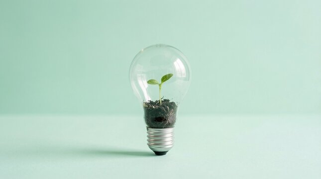 A small green plant grows within a clear light bulb, symbolizing fresh ideas, sustainable innovation, and the potential for a brighter, eco-conscious future