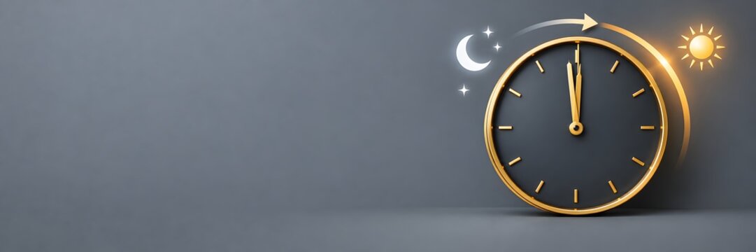 Daylight saving time concept with clock and sun moon icons, time change banner background for schedule management