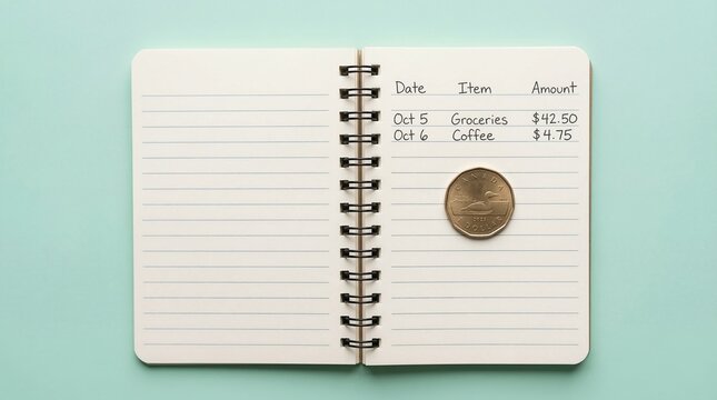 Minimalist Flat Lay of an Open Spiral Notebook for Budget Planning with a Single Coin on a Light Blue Background