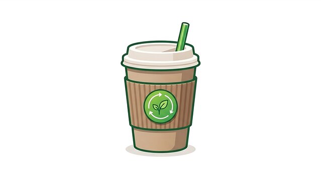 Minimal Flat 2.5D Vector Compostable Paper Coffee Cup To Go with Paper Straw and Green Eco Leaf Recycling Badge Isolated on White Background