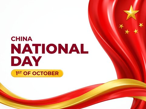 China National Day 1st of October Banner with Flowing Flag Ribbon