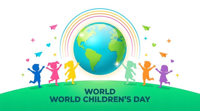 World Children's Day Illustration with Globe Rainbow and Colorful Kids Silhouettes