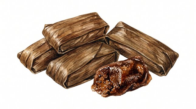 Watercolor illustration of Indonesian dodol Garut, a few glossy dark brown sticky sweet pieces individually wrapped in dried corn husk, one unwrapped showing chewy texture, rich earthy tones
