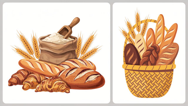 Illustration of assorted bread and wheat with flour sack and basket in split-screen layout