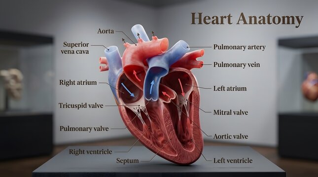 3D anatomical diagram of human heart with labels displayed in a medical exhibition
