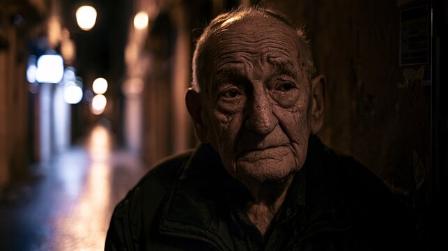 Elderly man standing alone under a flickering street lamp at night, deep wrinkles etched across his