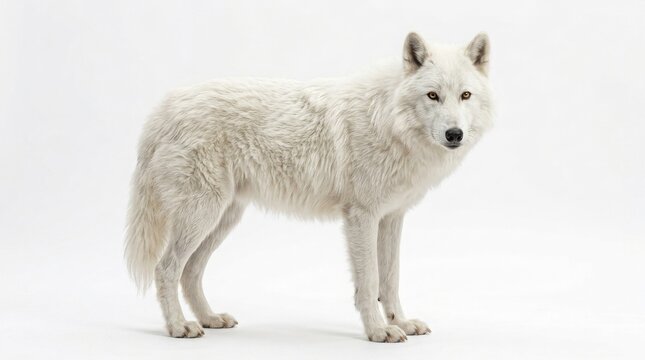 White wolf standing on background with natural light and copy space