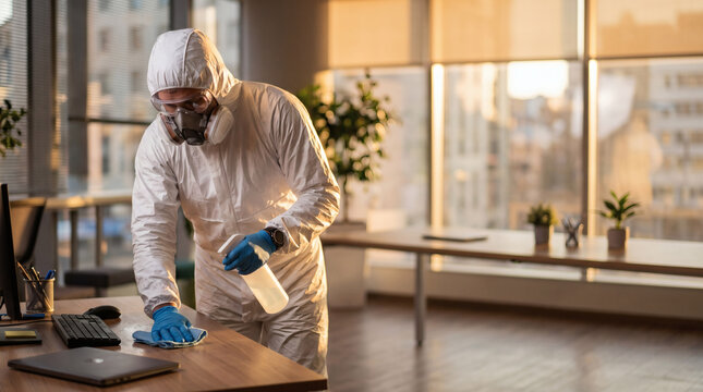 professional hazmat worker disinfecting modern office furniture to prevent virus spread during pandemic quarantine city clean sanitization