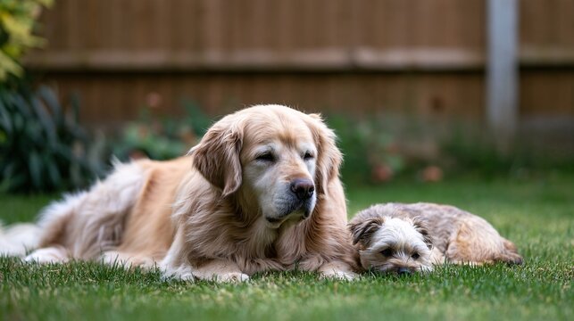Golden retriever lying calmly in a grassy backyard with a small terrier curled beside it, soft fur