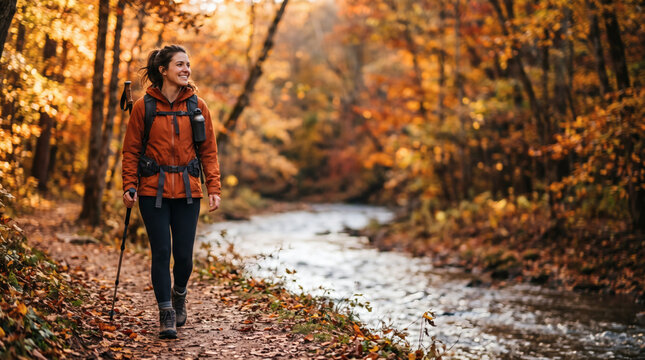 beautiful woman traveler enjoying autumn hike along river in golden hour forest professional cinematic photo with bokeh and copyspace for active lifestyle and travel marketing