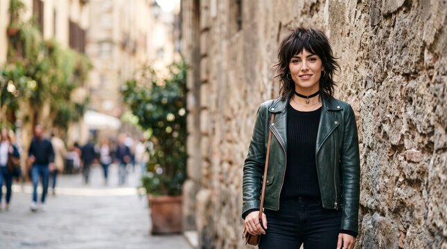 Smiling young woman with a layered shag haircut and dark green leather jacket posing by a textured stone wall outdoors