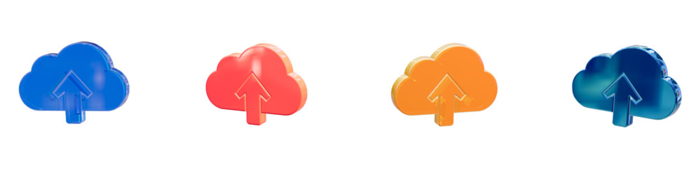 Cloud upload arrow 3d glossy icon set storage server data hosting transfer internet backup computing file traffic broadcast pack element graphic web app ui render isolated transparent background