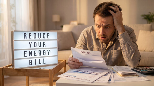 shocked man reacting to high energy bills and rising utility costs during inflation financial stress at home with lightbox message reduce your energy bill