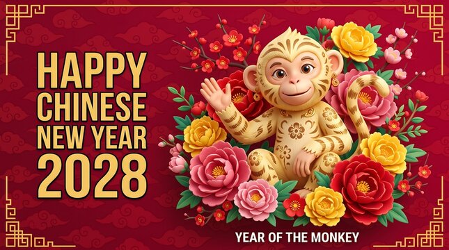 Happy Chinese New Year 2028 greeting card featuring a cute golden cartoon monkey surrounded by blooming peonies