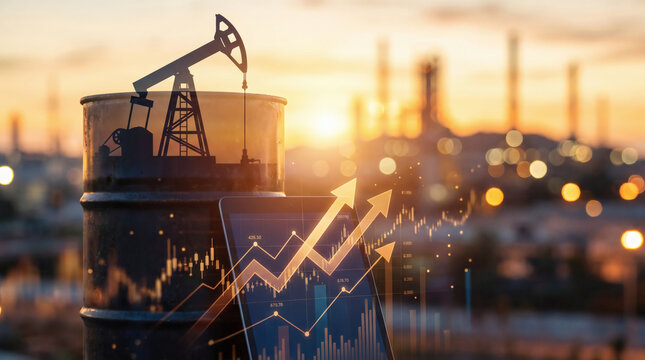 crude oil market surge oil barrel with pumpjack silhouette and financial trading charts in golden hour cinematic light global energy economy concept