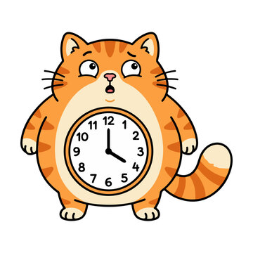 Cute Round Orange Cat Clock Vector Illustration