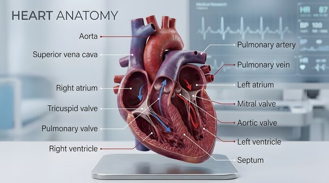 Anatomical 3D model of a human heart with labels showing internal structures in a medical lab.