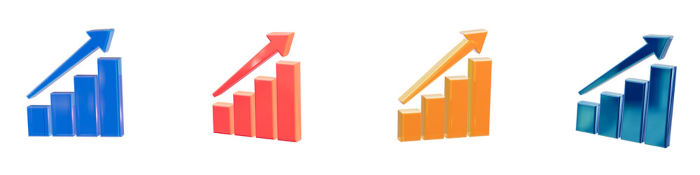 Profit growth chart 3d glossy icon set arrow business investment finance progress analytics success statistics report graph pack element graphic web app ui render isolated transparent background