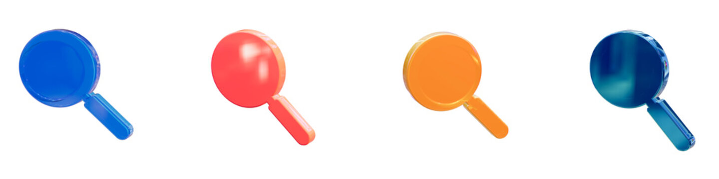 Search engine magnifier 3d glossy icon set glass exploration zoom find discovery lookup research magnifying detective focus pack element graphic web app ui render isolated transparent background