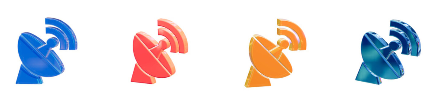 Satellite dish radar 3d glossy icon set signal antenna telecom broadcast communications wireless reception transmission pack element graphic web app ui render isolated transparent background
