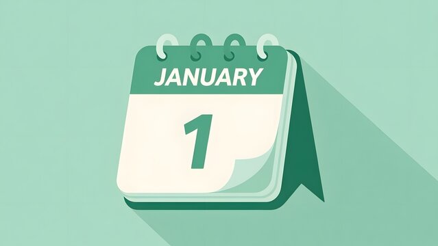 January 1st desk calendar icon, New Year day date on flip calendar, minimalist green schedule planner for business and goal setting