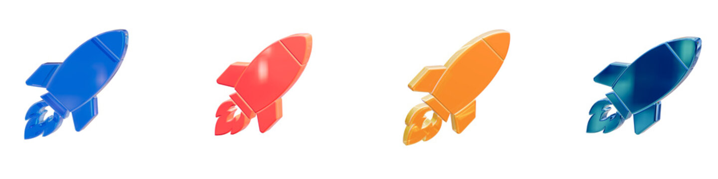 Startup rocket launch 3d glossy icon set spacecraft spaceship business speed boost innovation mission project growth takeoff pack element graphic web app ui render isolated transparent background