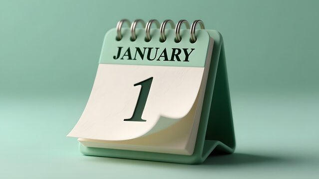 January 1st desk calendar showing New Year's Day, spiral bound paper calendar on green background, first day of the year date reminder