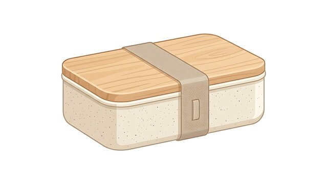 Minimal Flat 2.5D Vector Bamboo Fiber Bento Lunch Box with Wooden Lid and Elastic Band Isolated on White Background