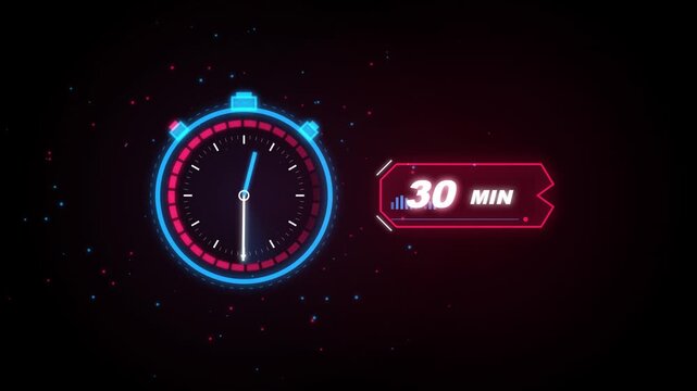 30 Minute Neon Timer Animation with Glowing Stopwatch Interface Loop