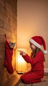 Happy girl in Santa hat and red pajamas pointing and laughing at a kitten peeking out of a Christmas stocking in a cozy home