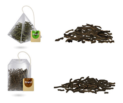 Tea bags and loose leaf tea on transparent background