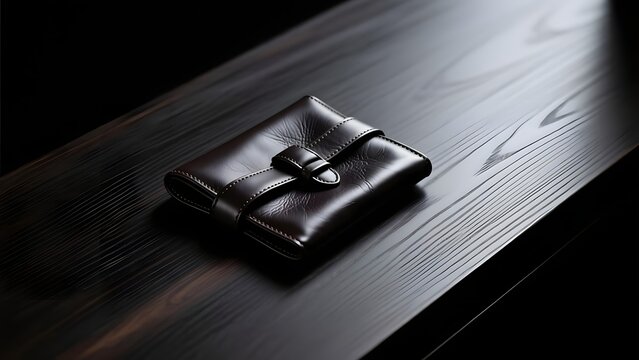 Vintage dark brown leather wallet with strap closure, handcrafted men leather pouch on dark wooden table, luxury executive fashion accessory