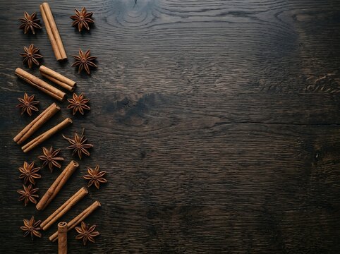 Aromatic cinnamon sticks and star anise on dark wood background, rustic winter spices border with copy space, organic culinary ingredients for baking