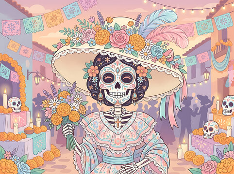 Catrina Sugar Skull with Hat and Flowers Day of the Dead Pastel Vector Illustration