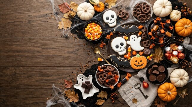 Halloween treat table with skull cookies and candy on weathered wooden surface skull cookie pumpkin cookie ghost cookie halloween with copy space