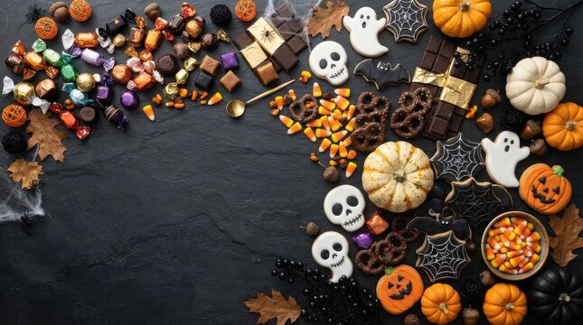 Halloween border background with assorted candies cookies mini pumpkins on black slate halloween candy trick or treat flat lay with copy space