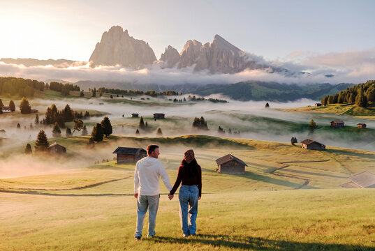 A couple stands hand in hand, admiring the breathtaking sunrise over the Seiser Alm in the Dolomites, Italy. The lush green fields are blanketed in morning mist, creating a magical atmosphere.