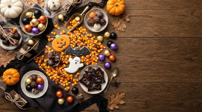 Halloween flat lay background with candy corn chocolates cookies on wooden board trick or treat chocolates celebration with copy space