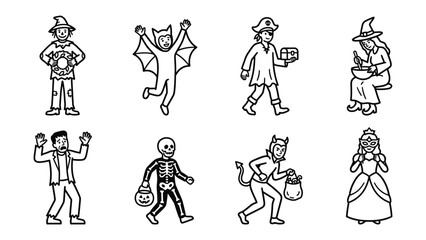 Obraz premium Halloween Character Collection: A set of eight playful black and white line drawings depicts various characters in costumes, including a scarecrow, bat, pirate, witch, ghost, skeleton, devil.